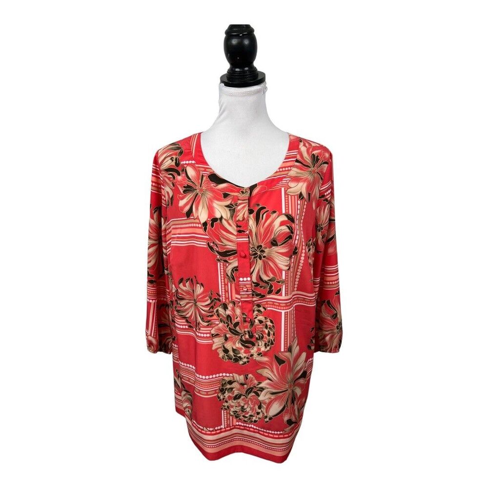 JM Collection Blouse Plus 14W Orange Floral Button Down 3/4 Sleeve Chiffon Top